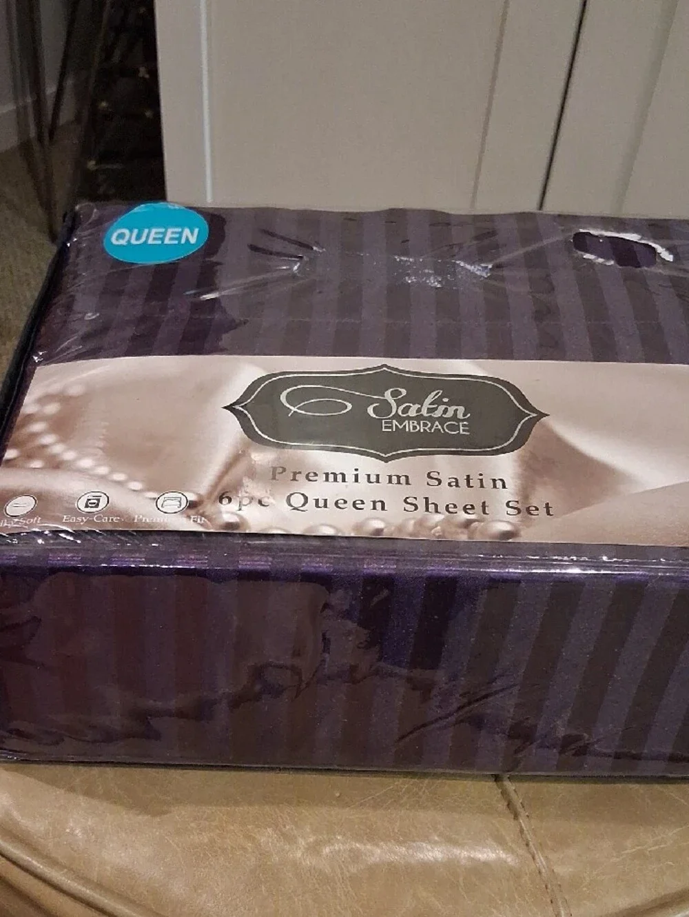 Que Satin Embrace Queen Sheet Set - Deep Purple Stripes